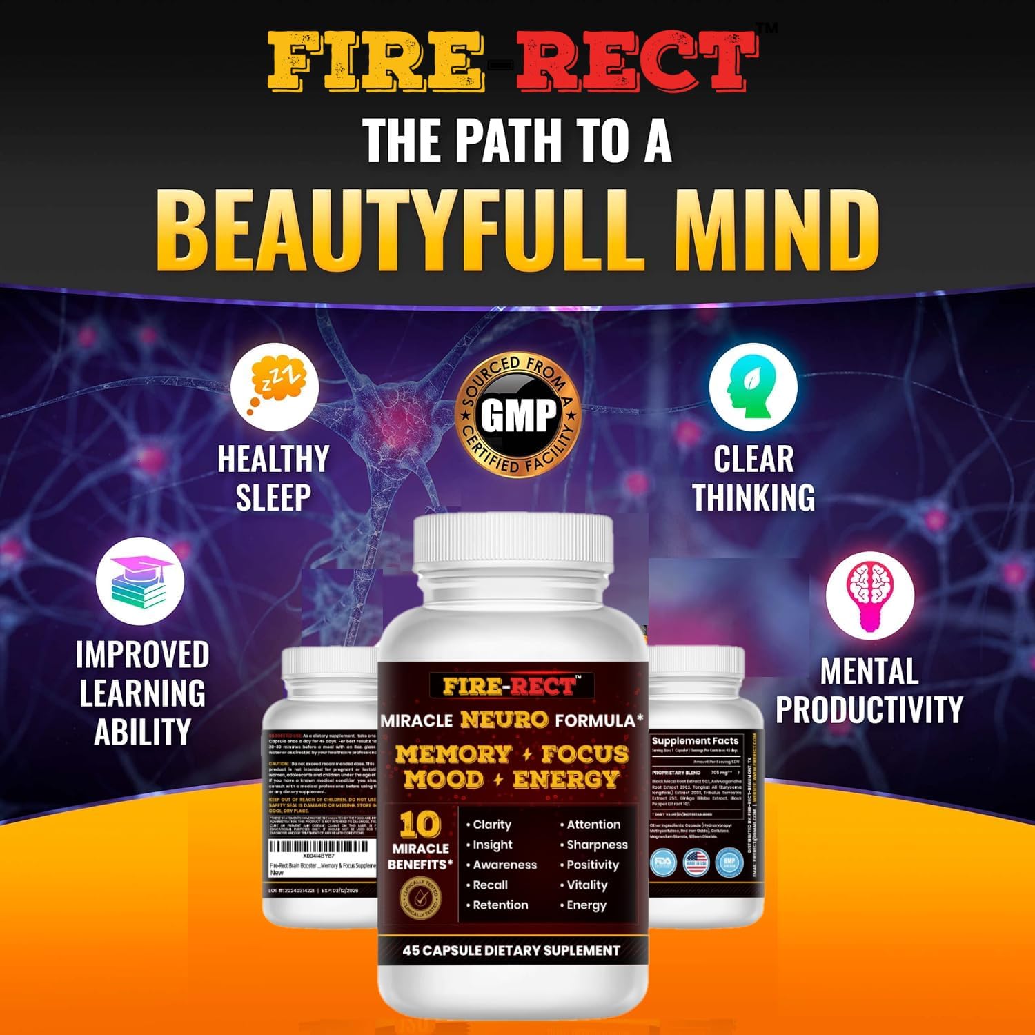 Advanced Nootropic Brain Supplement for Brain Fog, Memory, Focus, Mood, Motivation & Energy - Cognitive Clarity & Mental Clarity/Physical Booster w/Clinical-Grade Extracts w/Reserch - 45 Servings