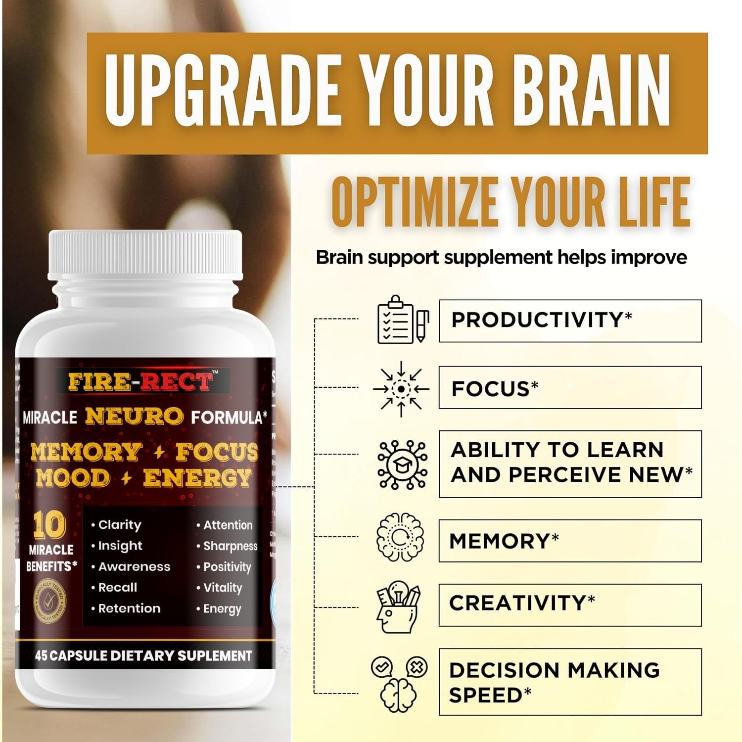 Advanced Nootropic Brain Supplement for Brain Fog, Memory, Focus, Mood, Motivation & Energy - Cognitive Clarity & Mental Clarity/Physical Booster w/Clinical-Grade Extracts w/Reserch - 45 Servings